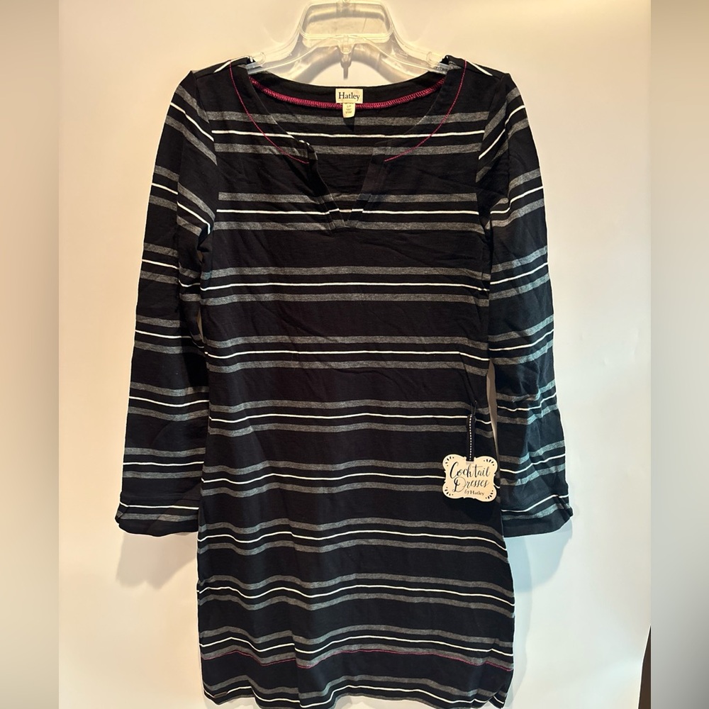 Hatley Women’s Knee Length LS Tshirt Dress, Black White Stripe, Size Small